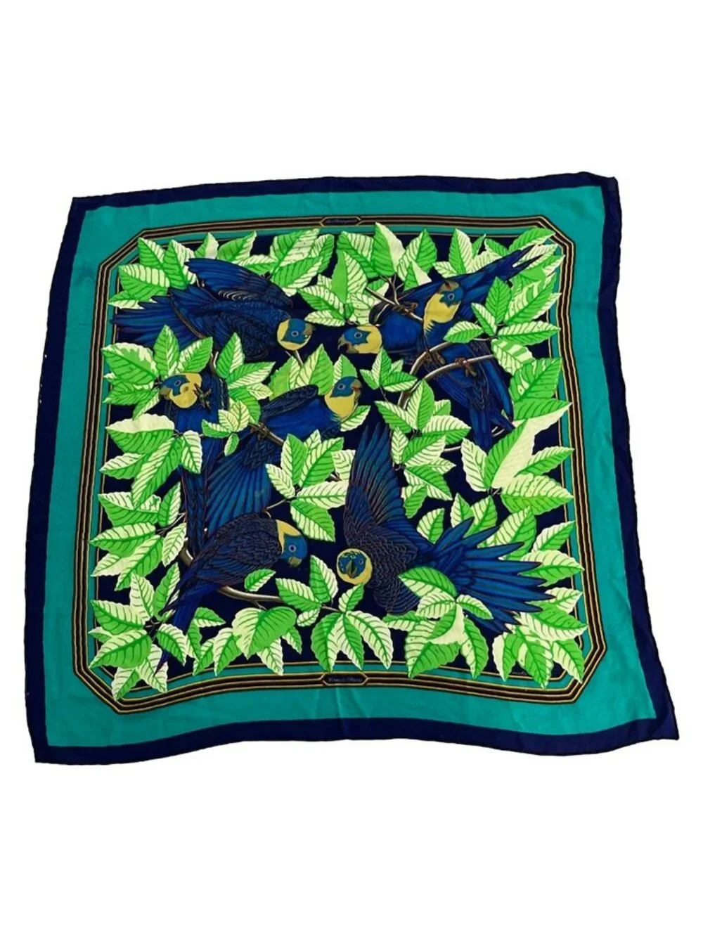 Hermes Shawl Carre 90 Navy Green les Perroquets Bird Leaf Pattern Cashmere Silk